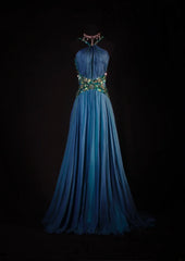 Retro Vintage 1960s Formal A line Halter Blue Fashion With Beads Long Prom Dresses Party Formal Gowns AS133