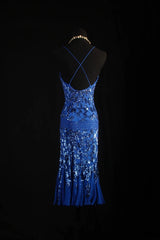 Retro 50s 1950s Formal Sheath Spaghetti Strap Royal Blue With Gem Beads Sleeveless Mid Length Prom Dresses Party Formal Gowns AS139