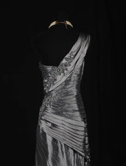 Vintage 50s 1950s Formal Mermaid One Shoulder Grey Tiered Pleated With Beads Style Impress Long Prom Dresses Party Formal Gowns AS141