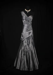 Vintage 50s 1950s Formal Mermaid One Shoulder Grey Tiered Pleated With Beads Style Impress Long Prom Dresses Party Formal Gowns AS141