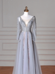 Elegant A Line V Neck Silver Gray Tulle Long Formal Prom Dresses Dance Night Outfits Evening Party Gowns AB2207