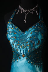 Vintage Mermaid Halter Blue Satin With Beads Long Formal Fancy Prom Dresses Night Outfits Party Gowns For Teens AS189