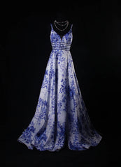 Vintage A line Spaghetti Straps Floral Royal Blue Satin Long Formal Old 1950s Prom Dresses Night Outfits Party Gowns AS222