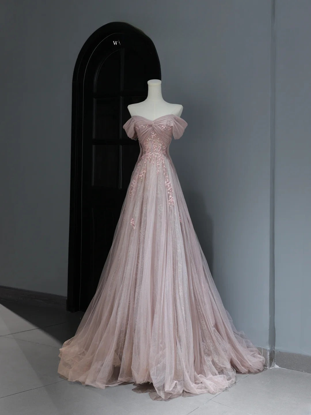Modest Prom Dresses Aesthetic A Line Off The Shoulder Pink Tulle Inspiration Style Impress With Sleeves Long Party Formal Gown AS369