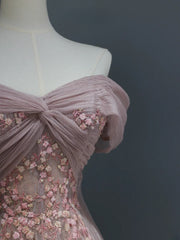 Modest Prom Dresses Aesthetic A Line Off The Shoulder Pink Tulle Inspiration Style Impress With Sleeves Long Party Formal Gown AS369