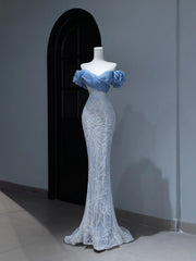 Modest Prom Dresses Aesthetic Mermaid Off The Shoulder Blue Sequins Inspiration Style Impress With Puffy Sleeves Long Party Formal Gown AS380