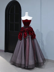 Modest Prom Dresses Aesthetic Ball Gown Strapless Burgundy Tulle Inspiration Style Impress With Flowers Long Party Formal Gown AS394