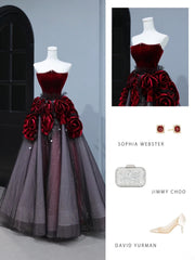 Modest Prom Dresses Aesthetic Ball Gown Strapless Burgundy Tulle Inspiration Style Impress With Flowers Long Party Formal Gown AS394