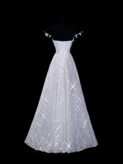 Elegant A line Spaghetti Straps White Sequin Long Prom Formal Fancy Evening Dresses Dinner Outfits Classy Party Gowns AS614
