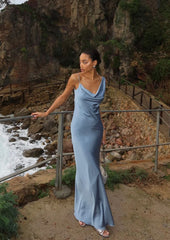 Simple Sheath Blue Backless Satin Long Prom Formal Dresses N2495