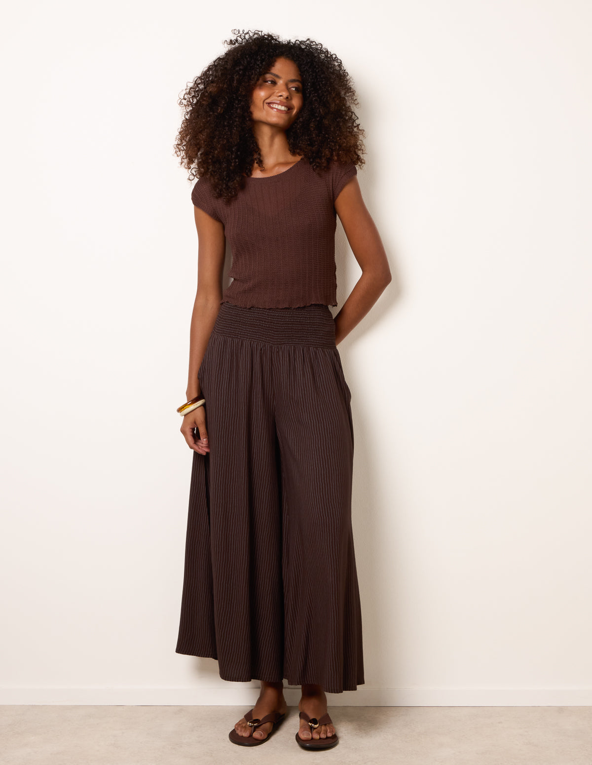 Wide Leg Shirred Waist Wavy Trousers