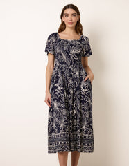 Shirred Drop Waist Midi Dress