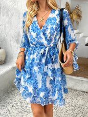 Molly Ruffle Floral Wrap Mini Dress - blue