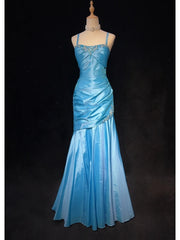 Trendy Prom Dresses Inspiration Mermaid Spaghetti Strap Blue Gala Satin With Beading Formal Gowns N3190