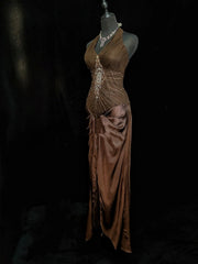 Beautiful Prom Dresses Inspo Mermaid Halter Satin With Beaded Chocolate Women Formal Dress N3194