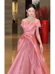 Classy A Line Off The Shoulder Pink With Short Sleeves Long Party Gowns Prom Dresses N2025