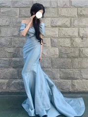 Classy Mermaid Off The Shoulder Light Sky Blue Satin Long Party Gowns Prom Dresses N2030