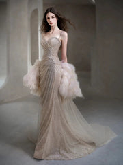 Sexy Evening Dresses Women Mermaid Spaghetti Straps Champagne Long Prom Gown Party Wear Fashion Dresses N1813