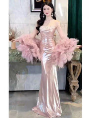 Sexy Evening Dresses Women Mermaid Spaghetti Straps Pink Long Prom Gown Party Wear Fashion Dresses N1817