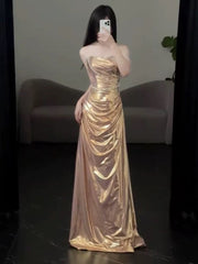 Sexy Evening Dresses Women Mermaid Strapless Gold Ruffles Long Prom Gown Party Wear Fashion Dresses N1821