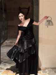 Classy Mermaid Off The Shoulder Black With Short Sleeves Long Formal Gowns Prom Dresses N2056