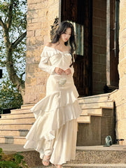 Modest French Style Mermaid Off The Shoulder White Fashion Women Long Formal Outfits Prom Dresses N2090