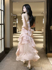 Modest French Style A line Scoop Pink Tiered Layers Fashion Women Long Formal Outfits Prom Dresses N2098