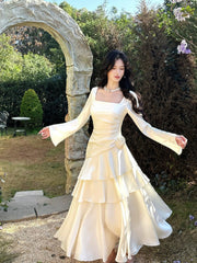 Classy Mermaid Square Neck White With Long Sleeves For Women Girls Teens Prom Dresses N2187