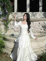 Classy Mermaid Square Neck White With Long Sleeves For Women Girls Teens Prom Dresses N2187