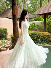 Beautiful A Line Spaghetti Strap Sage Green Lace Long For Women Girls Teens Prom Dresses N2200