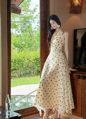 French Style A Line Halter Black Polka Dots Summer Formal Long For Women Girls Teens Prom Dresses N2204