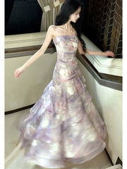 Classy Mermaid Spaghetti Strap Lilac Floral Chiffon Long For Women Girls Teens Prom Dresses N2212