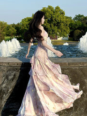 Classy Mermaid Spaghetti Strap Lilac Floral Chiffon Long For Women Girls Teens Prom Dresses N2212