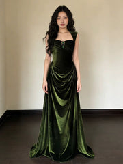 Vintage A Line Strapless Green Velvet With Ruffles For High Schools Teens Prom Dresses Long Graduation Dress N1671