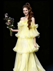 Vintage A Line Off The Shoulder Yellow Chiffon With Ruffles For High Schools Teens Prom Dresses Graduation Dress N1677
