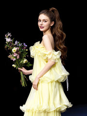 Vintage A Line Off The Shoulder Yellow Chiffon With Ruffles For High Schools Teens Prom Dresses Graduation Dress N1677