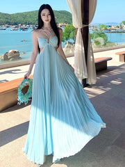 Elegant Prom Dresses A Line Halter Blue Chiffon With Pleated Backless Long Formal Evening Dress N3970