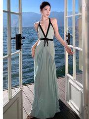 Pretty Prom Dresses Mermaid Halter Blue Chiffon Gown Formal Semi Long Formal Evening Dress N3988