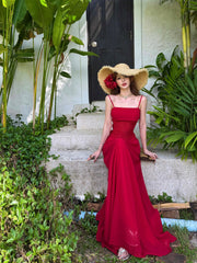 Simple Prom Dresses A Line Red Spaghetti Strap Chiffon Evening Gown Formal With Pleated Formal Dress N4005