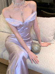 Simple Prom Dresses Mermaid Off The Shoulder Lilac Satin Evening Gown Formal Dress N4018