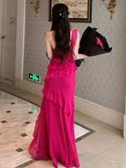Classy Prom Dresses Mermaid One Shoulder Hot Pink Chiffon Evening Gown Formal Dress N4021