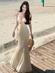 Classy Prom Dresses Mermaid Spaghetti Strap With Flower Chiffon Evening Gown Formal Dress N4023