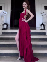 Classy Prom Dresses A Line Halter Slit Chiffon Burgundy Evening Gown Long Formal Dress N4032
