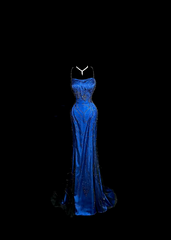 Unique Prom Dresses Mermaid Spaghetti Strap Royal Blue Sleeveless With Beading Semi Formal Evening Dress N3793