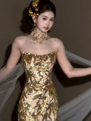 Glitter Mermaid Strapless Gold Sequins Long Formal Prom Dresses Dance Night Outfits Evening Party Gowns AB2205