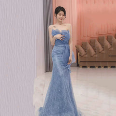 Modest Mermaid Strapless Dusty Blue Sequins Prom Dresses Inspiration Long Party Night Evening Dress 20th Birthday Outfits AB2330