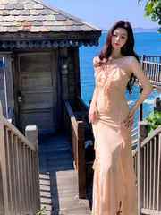 Simple Spaghetti Straps Coral Pink Mermaid Prom Dresses Long Birthday Outfits AB2411