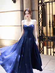 Sexy A line Spaghetti Straps Royal Blue Satin Long Prom Dresses Wedding Guest Dress 20th Birthday Outfits AB2482