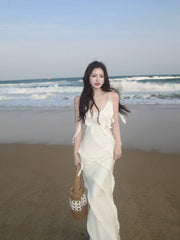 Sexy Mermaid Spaghetti Straps White Chiffon Prom Dresses Wedding Guest Dress 20th Birthday Outfits AB2477