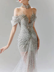 Vintage Silver Gray Mermaid Evening Dress Off The Shoulder Beaded Prom Dress Long Party Dress Birthday Outfits AB2314
